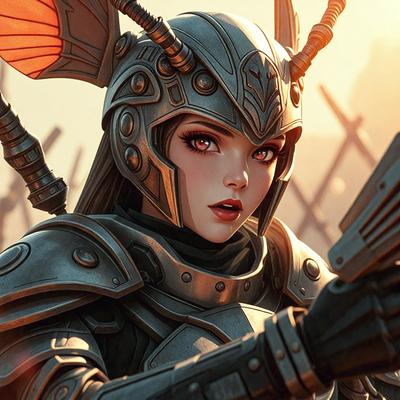 The primary subject of the image is a woman wearing a metal helmet and holding a gun. She is dressed in a medieval-style outfit, which includes a sword. The setting is a battlefield, with a backdrop of a sunset. The visual style is a digital art illustration, giving the image a fantasy and adventurous atmosphere. The dominant colors are orange and red, which are associated with the sunset and the medieval theme.